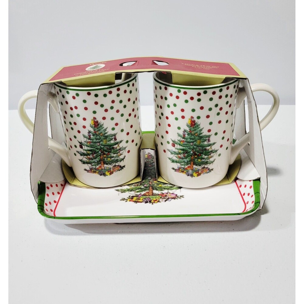 Spode Christmas Tree Polka Dot Mug Set With Tray New with Tags
